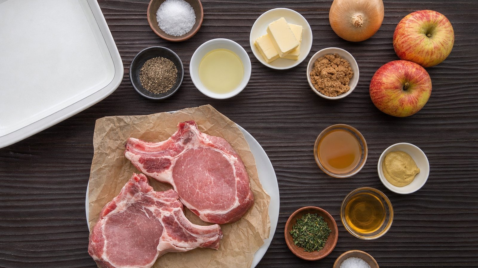 Ingredients for Baked Pork Chops with Apples and Onions laid out on the table