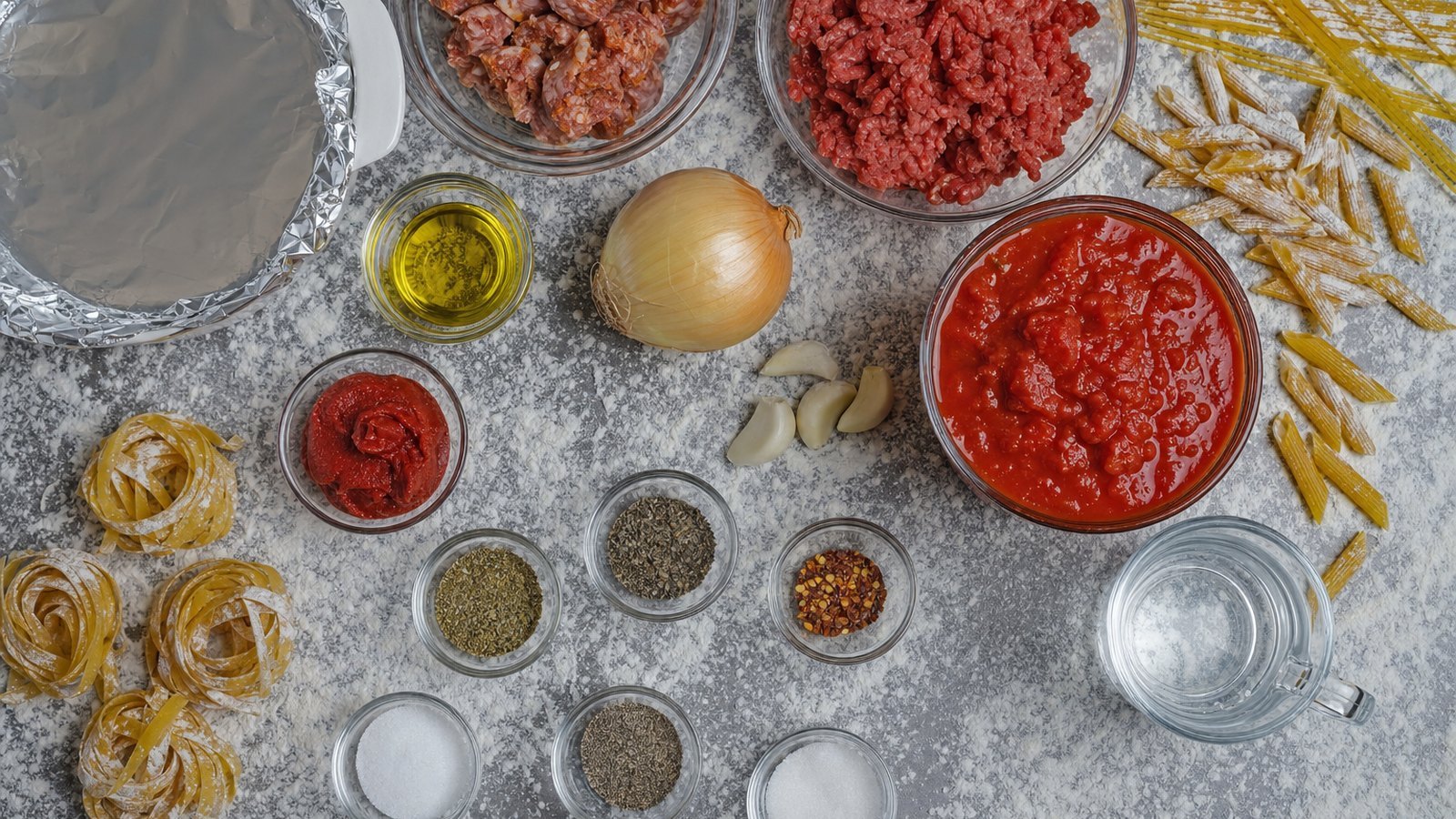 Ingredients for Baked Ziti laid out on the table