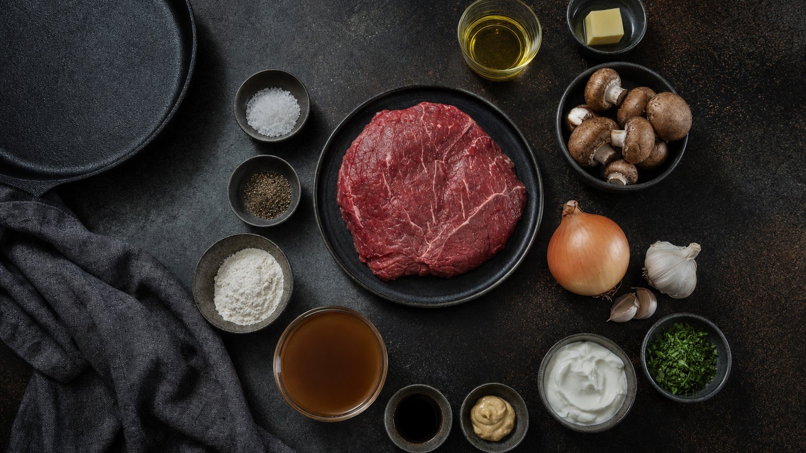 Ingredients for Beef Stroganoff laid out on the table