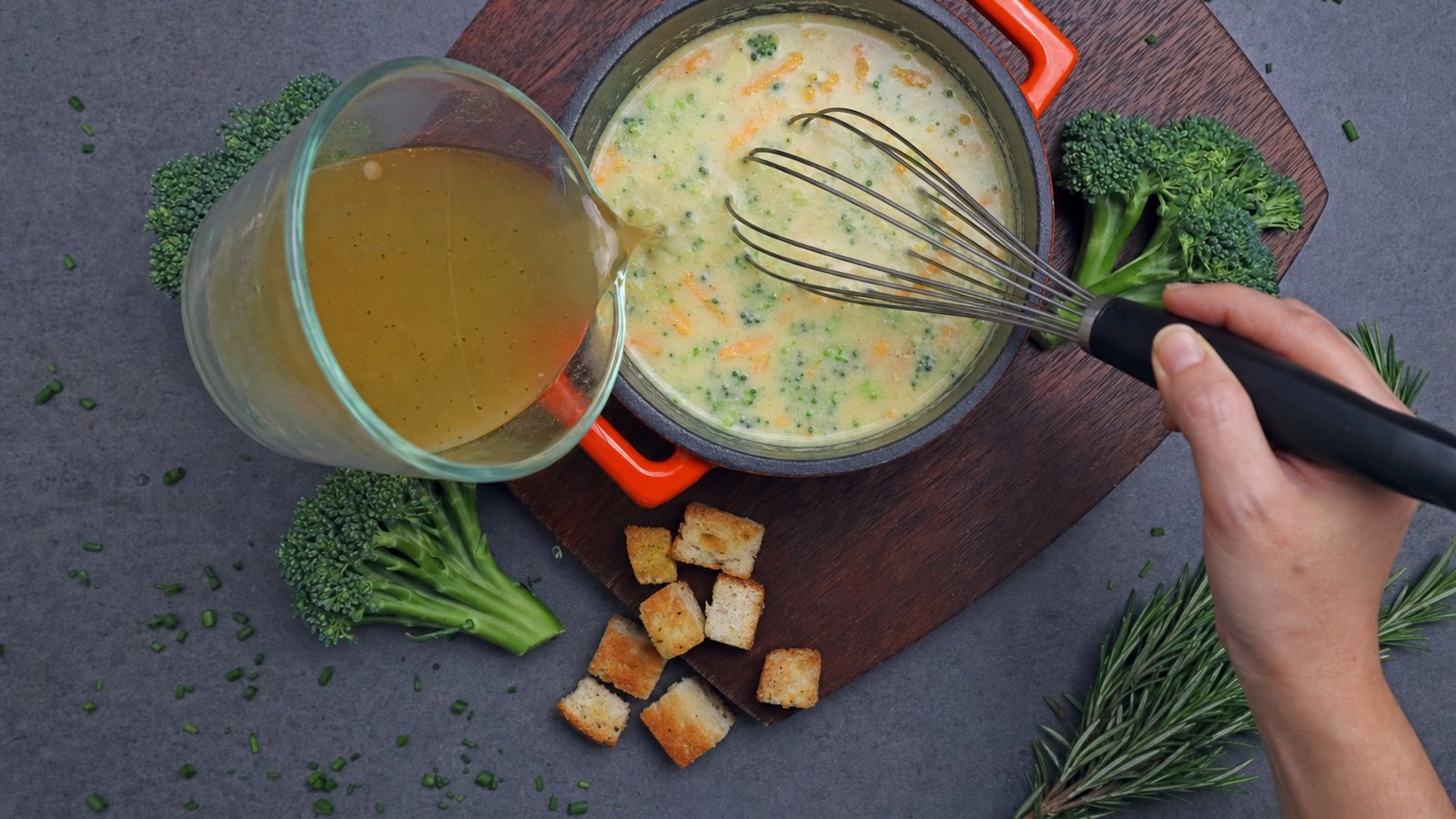 Broccoli Cheddar Soup: Pour in the broth about 1 cup at a time, whisking until smooth after each addition. Whisk in the half and half