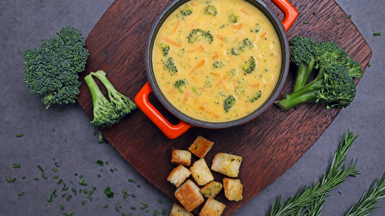 Broccoli Cheddar Soup, plated and ready to serve