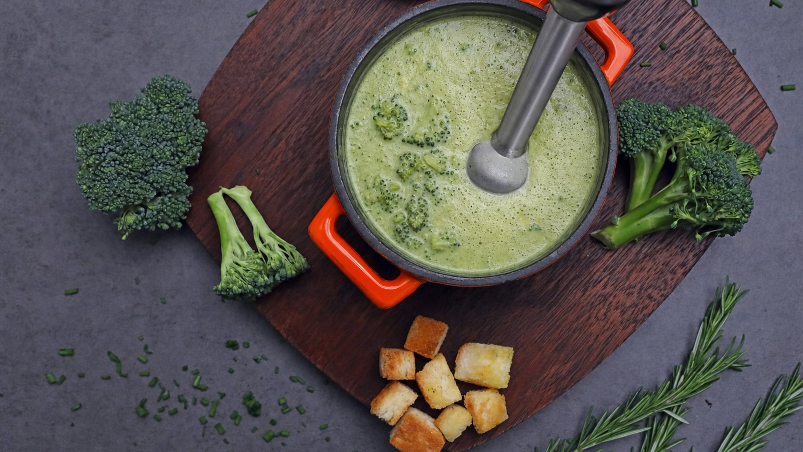 Broccoli Cheddar Soup: Turn off the heat. Pulse an immersion blender 5 or 6 times to break down about half the broccoli, or blend 3 c