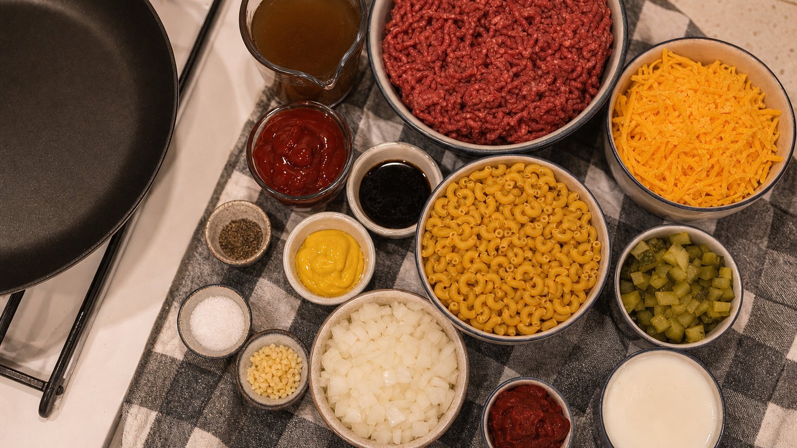Ingredients for Cheeseburger Skillet laid out on the table
