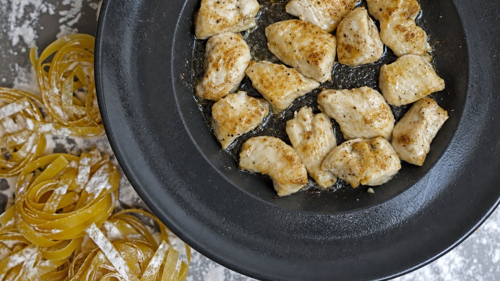Chicken Alfredo: Heat the olive oil in a 12 inch skillet over medium high heat. Add the chicken and cook undisturbed 5 to 6 min