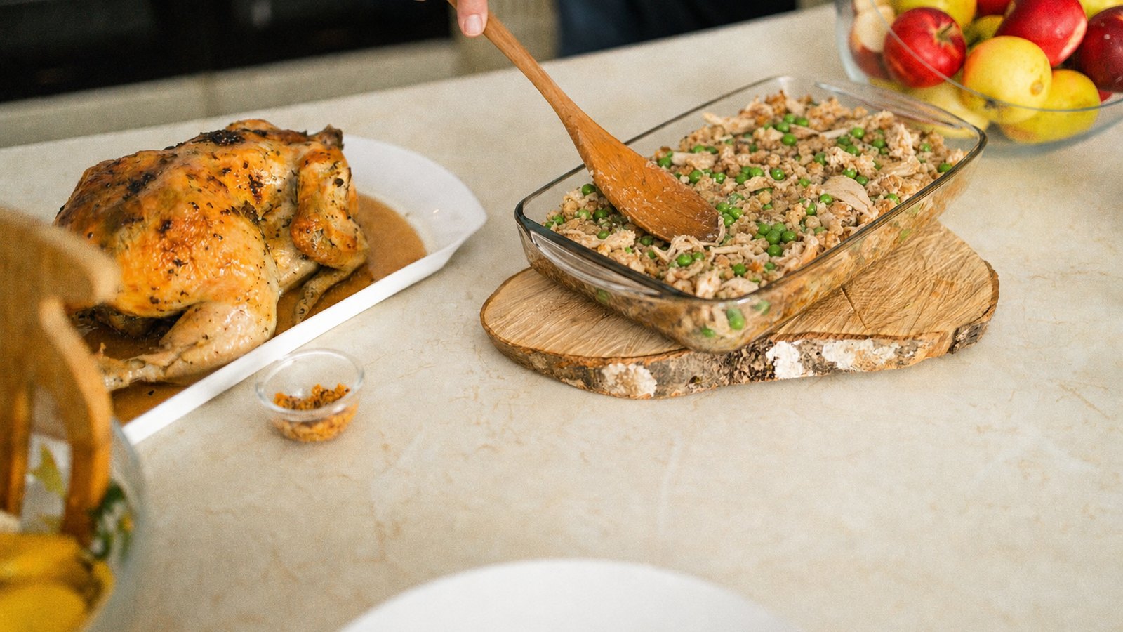 Chicken and Stuffing Casserole: Fold in the chicken and frozen peas. Spread the mixture evenly in the baking dish