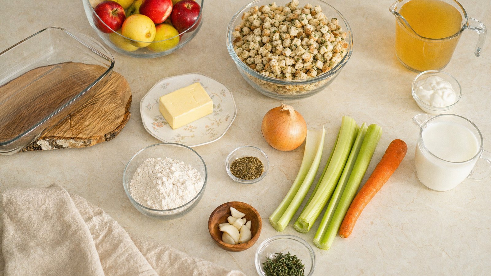 Ingredients for Chicken and Stuffing Casserole laid out on the table