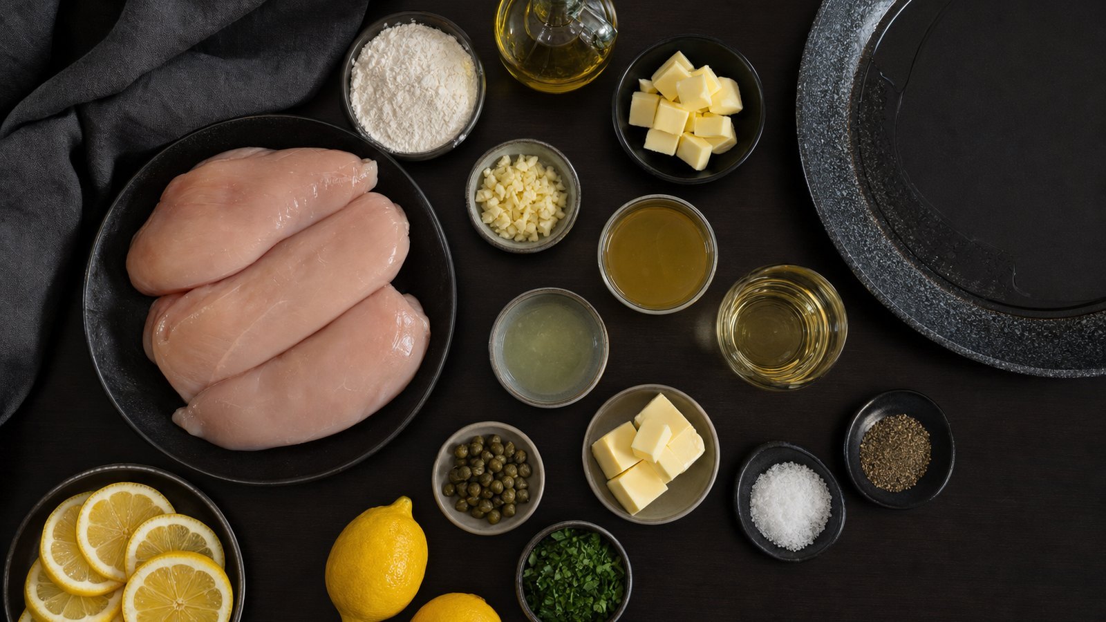 Ingredients for Chicken Piccata laid out on the table