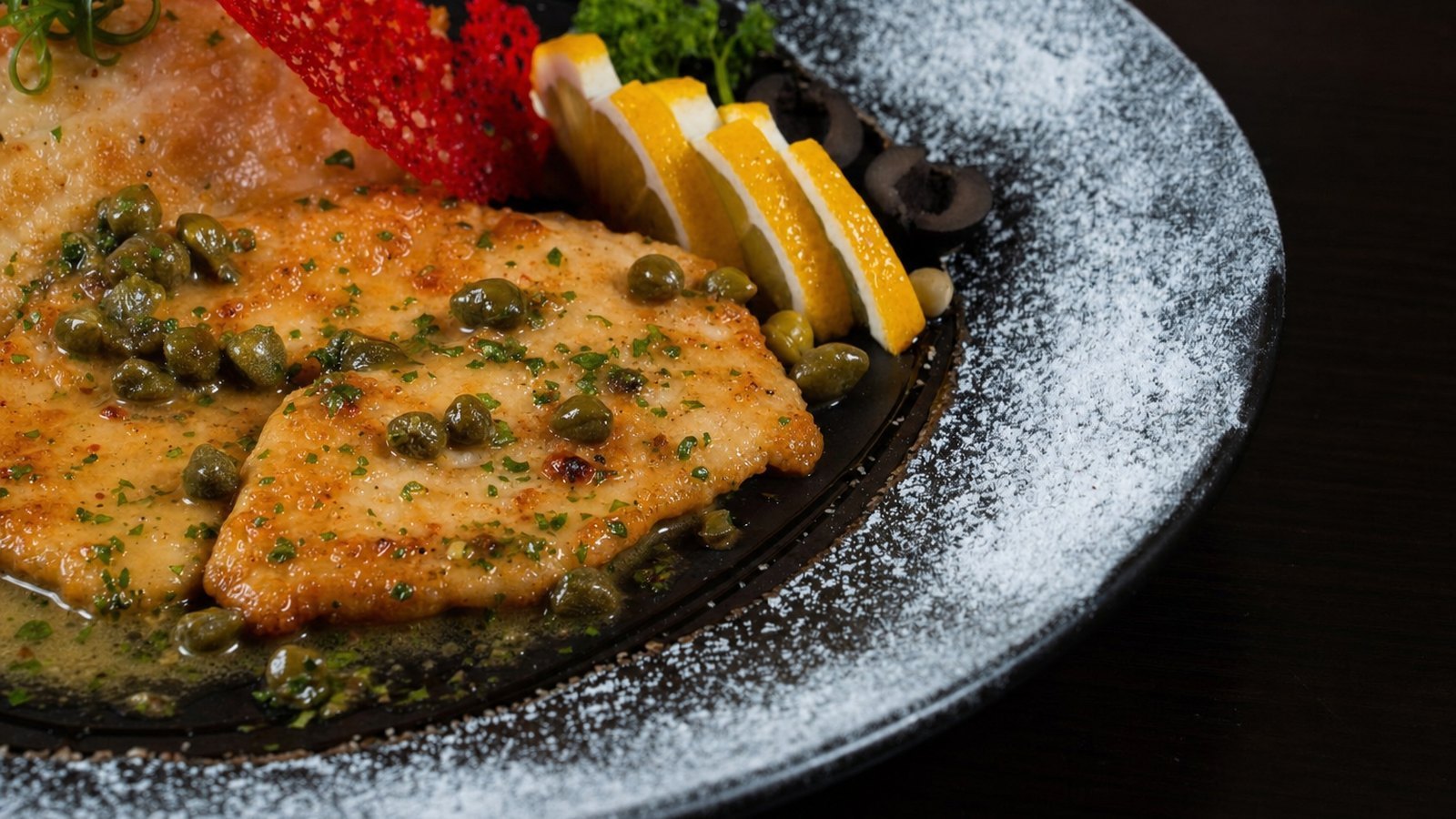 Chicken Piccata, plated and ready to serve