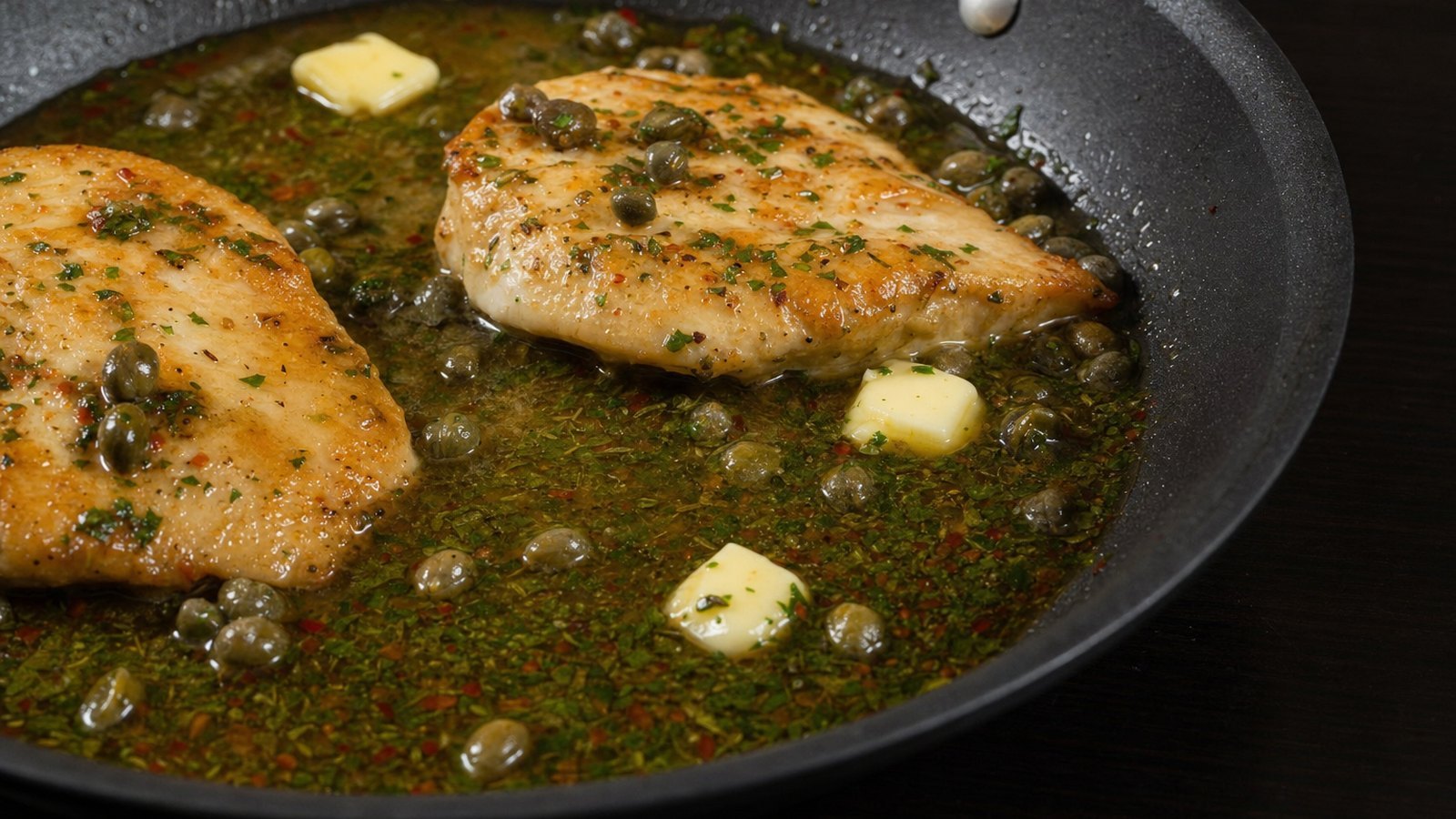 Chicken Piccata: Turn off the heat. Add the capers and the cold butter, swirling the pan until the butter melts into a glossy s