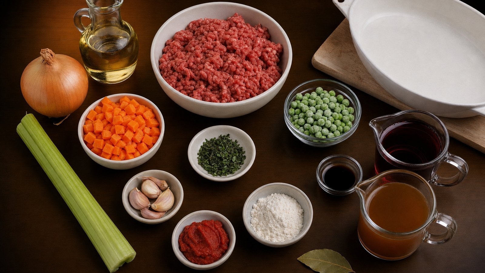 Ingredients for Cottage Pie laid out on the table