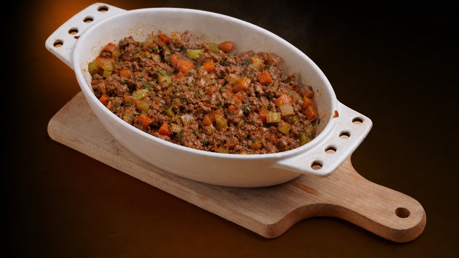 Cottage Pie: Add the onion, carrot and celery with a pinch of salt. Cook for 6 to 8 minutes until soft. Stir in the garlic