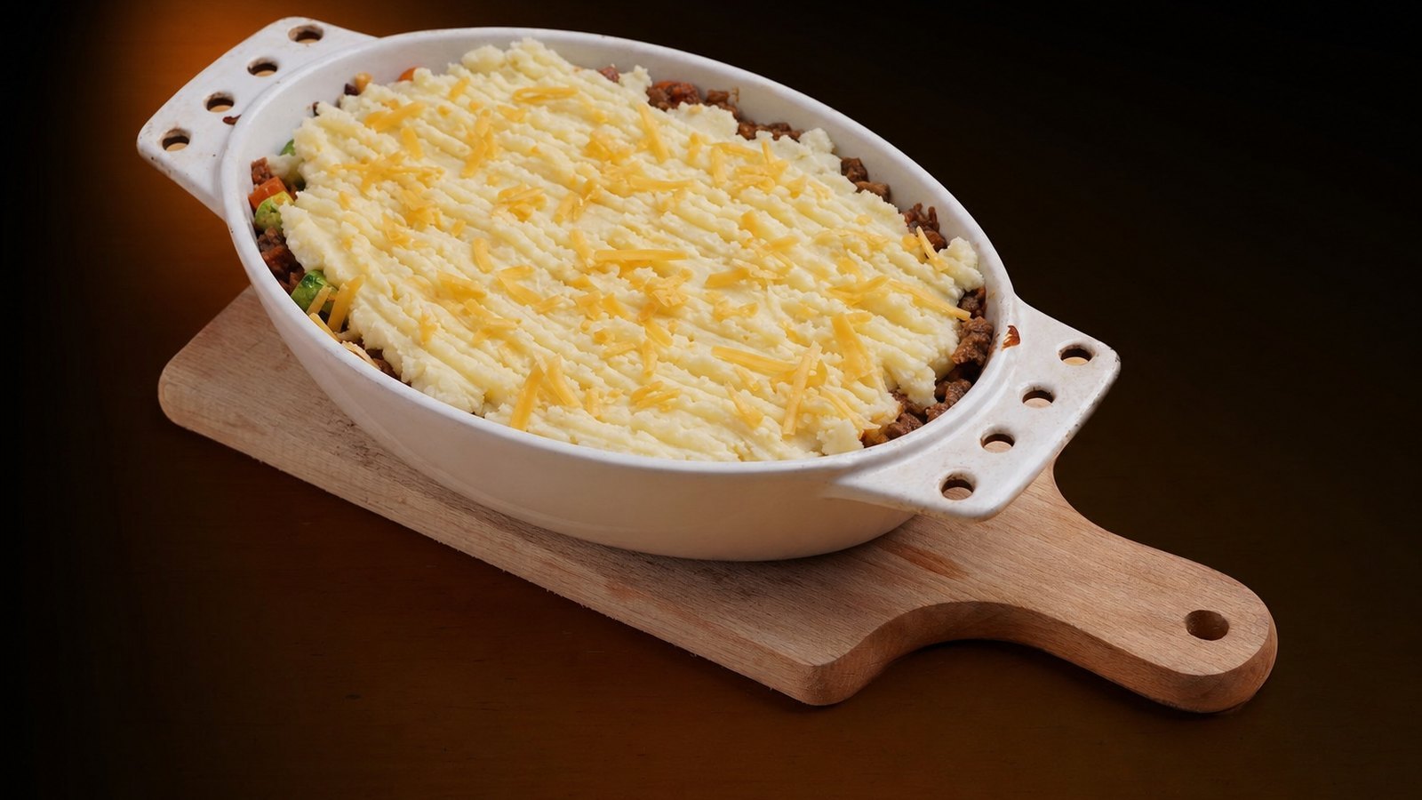 Cottage Pie: Heat the oven to 400°F. Spoon the potatoes over the filling and spread to the edges. Drag a fork across the to