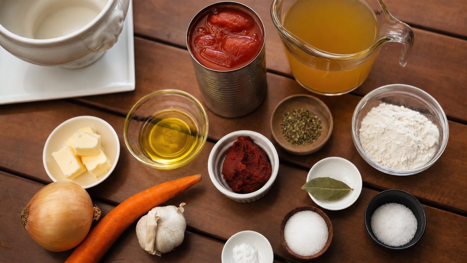 Ingredients for Creamy Tomato Soup laid out on the table