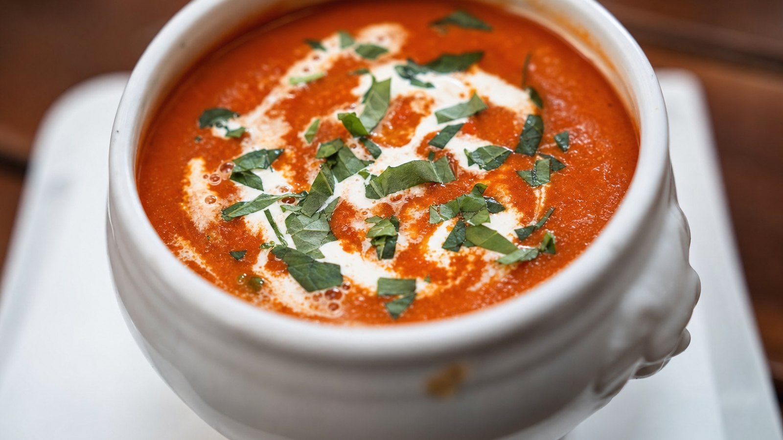 Creamy Tomato Soup, plated and ready to serve