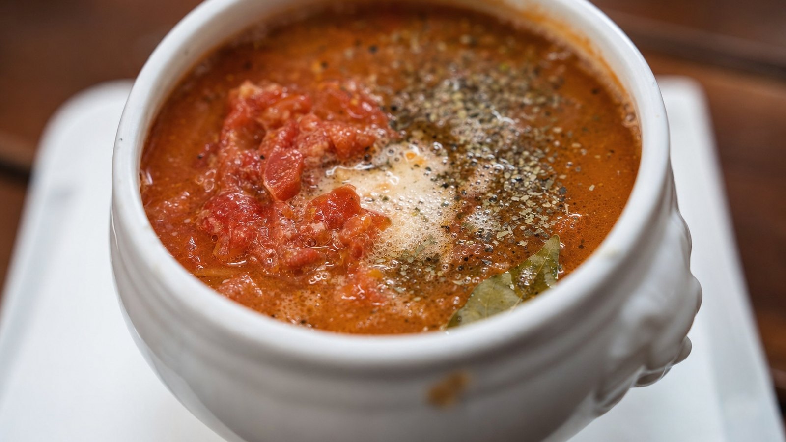 Creamy Tomato Soup: Add the tomatoes with their juices, crushing them with your hands or a spoon. Add the broth, oregano, bay leaf