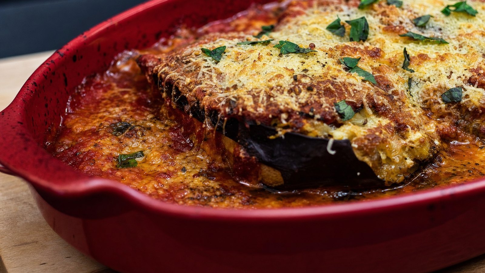 Eggplant Parmesan: Bake uncovered for 30 to 35 minutes, until the cheese is melted and browned in spots and the sauce bubbles at 