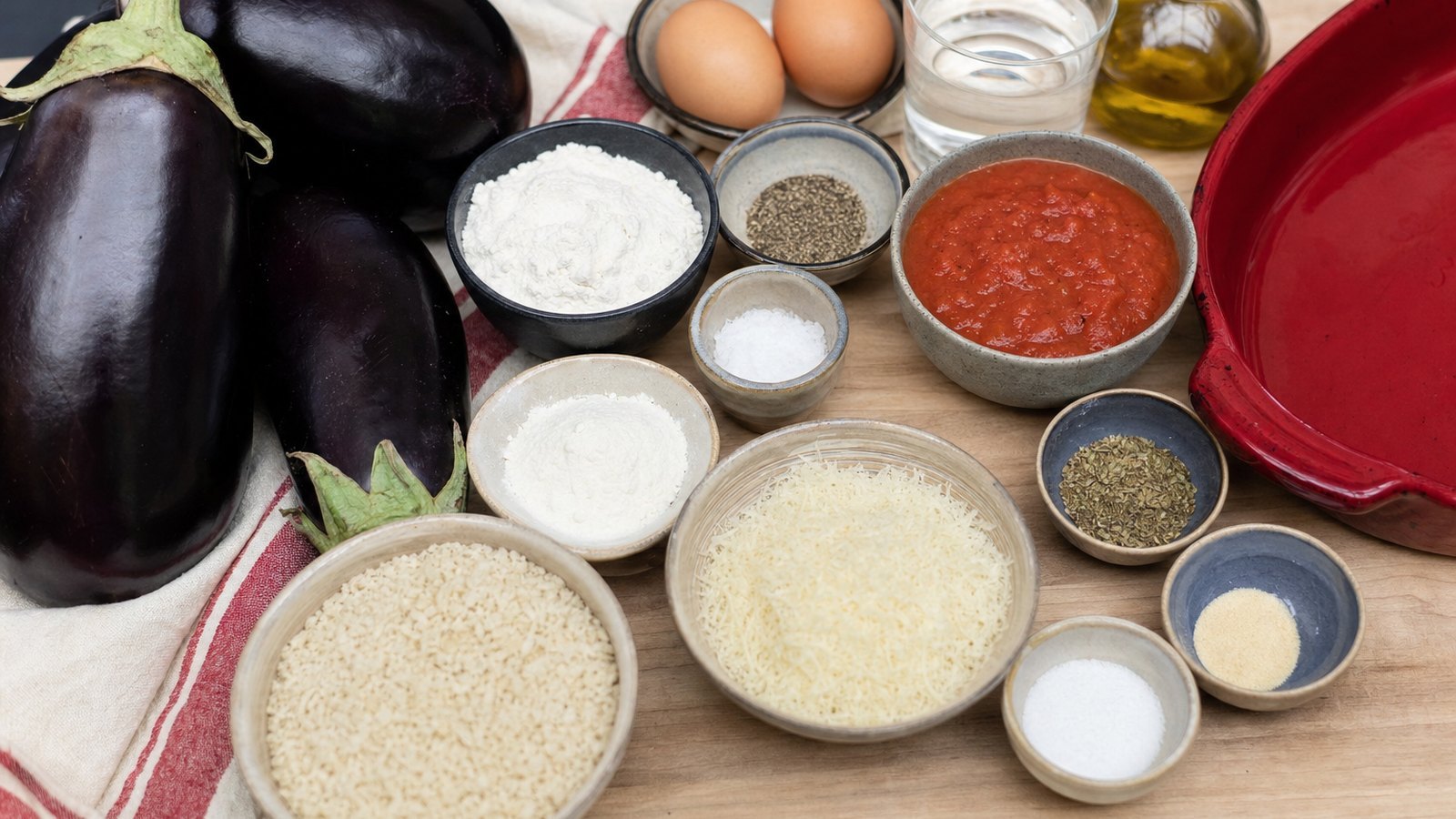 Ingredients for Eggplant Parmesan laid out on the table