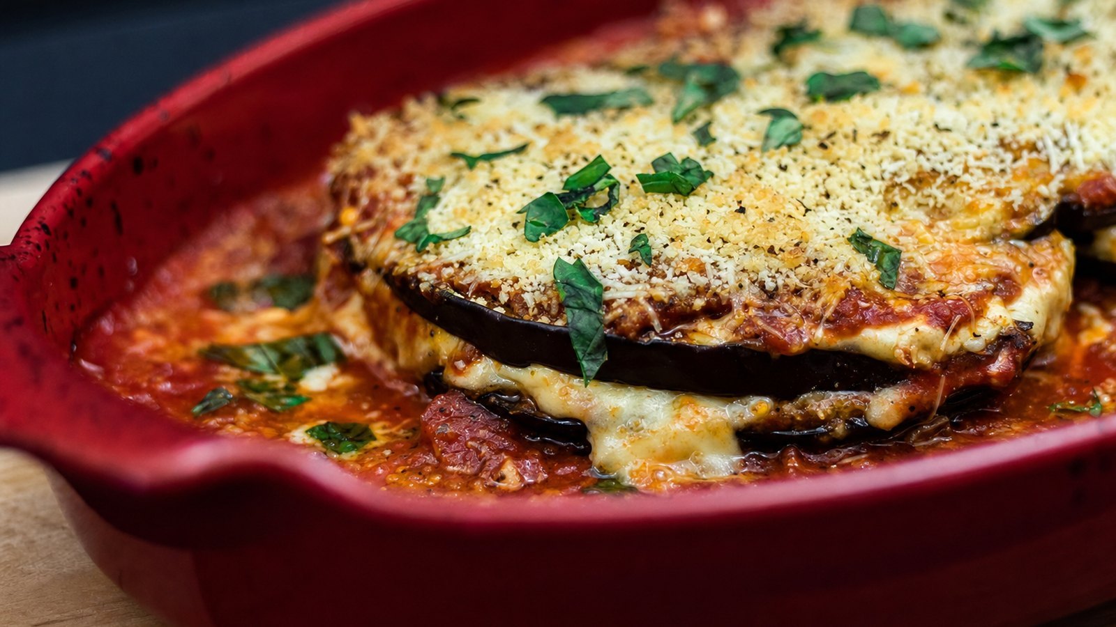Eggplant Parmesan, plated and ready to serve