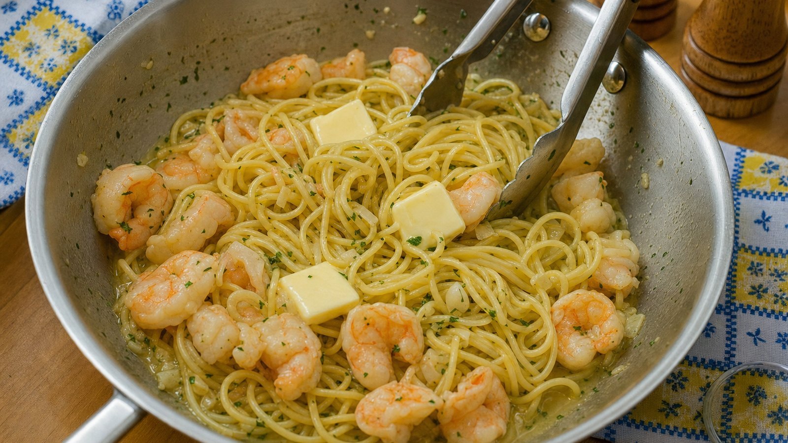 Garlic Butter Shrimp Pasta: Add the drained pasta and 1/2 cup reserved pasta water. Toss 1 minute over medium heat. Add the remaining 3 tb
