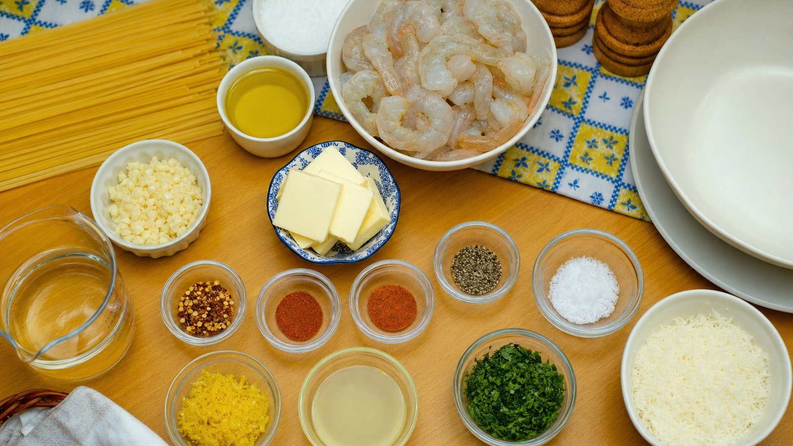 Ingredients for Garlic Butter Shrimp Pasta laid out on the table