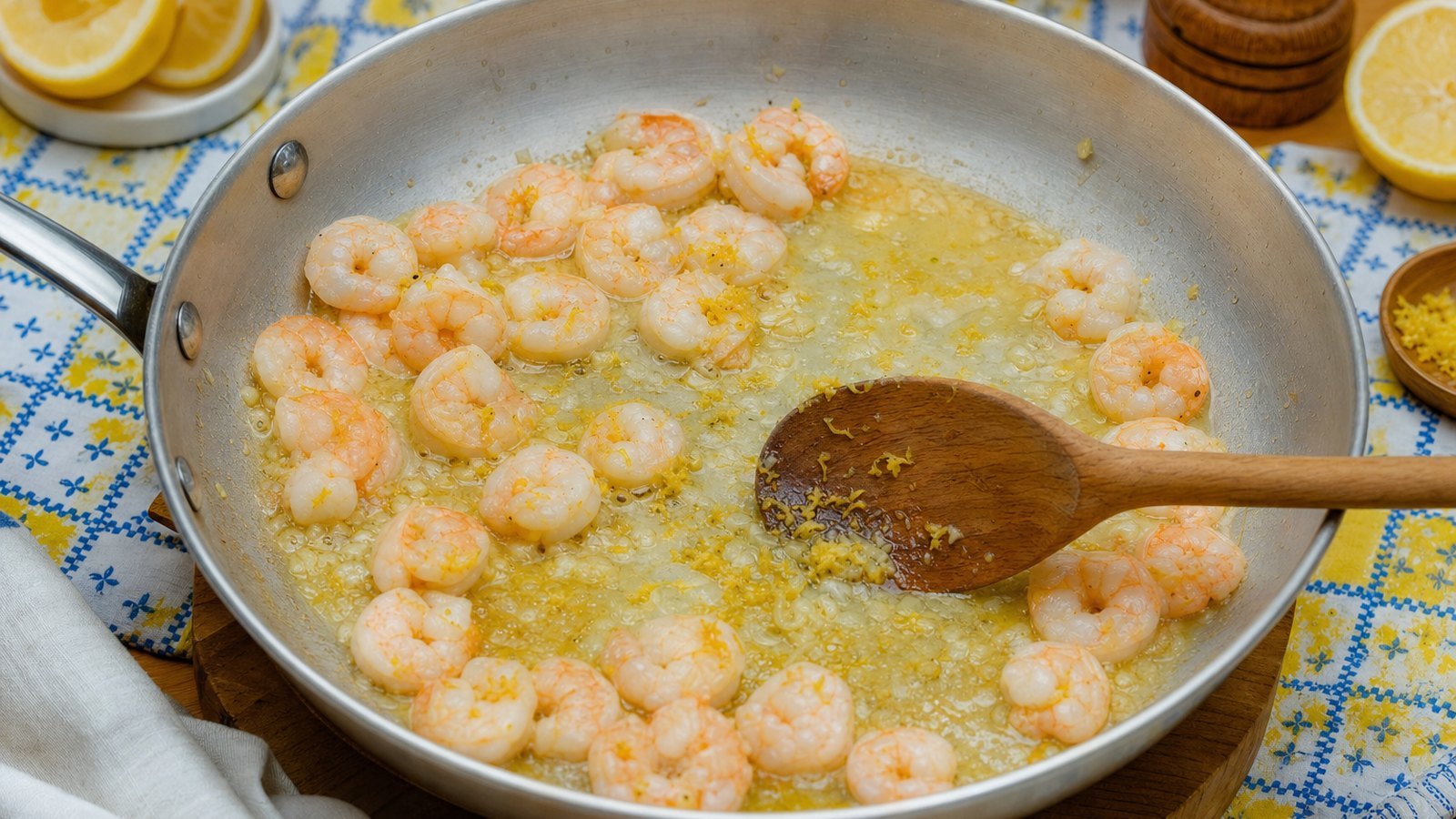 Garlic Butter Shrimp Pasta: Pour in the wine and scrape the pan. Simmer 2 to 3 minutes until reduced by half. Stir in the lemon zest and j