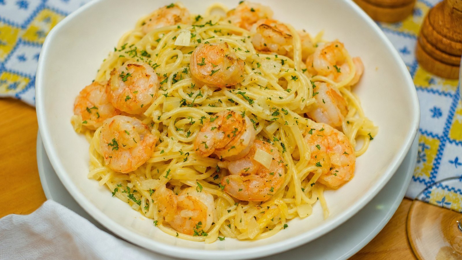 Garlic Butter Shrimp Pasta, plated and ready to serve