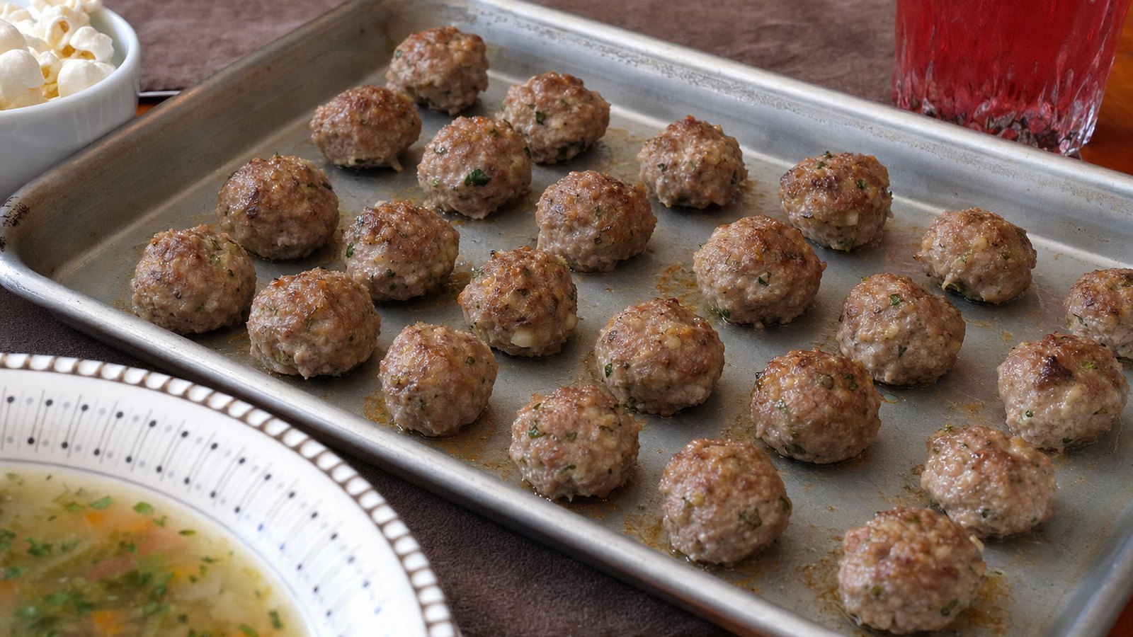 Italian Wedding Soup: Arrange the meatballs on the sheet pan and bake for 10 to 12 minutes until lightly browned and set. They will 