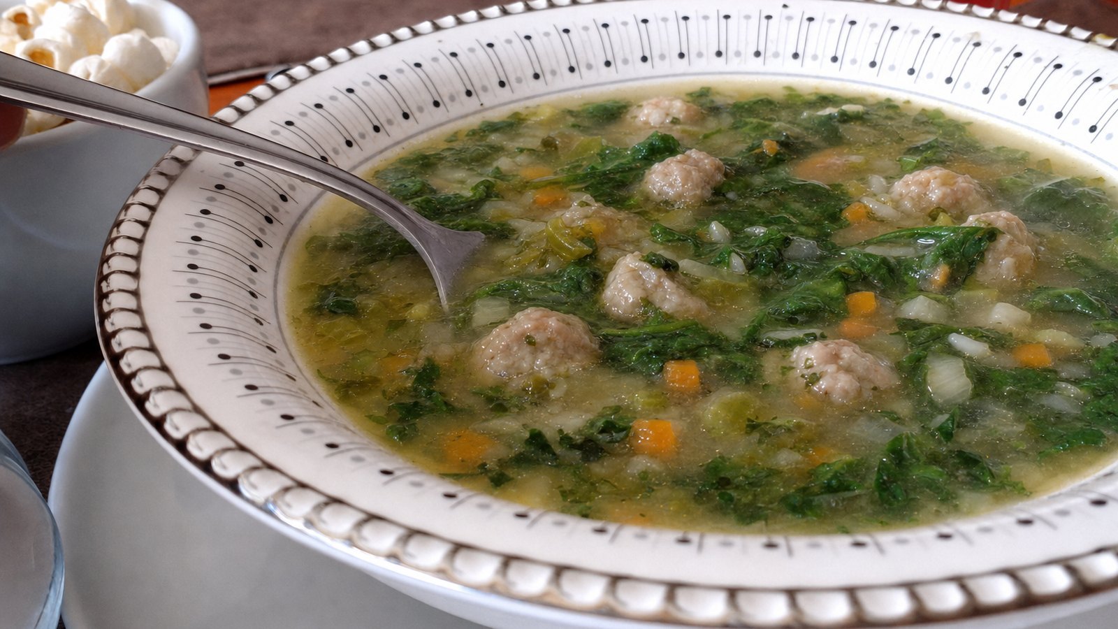 Italian Wedding Soup: Remove the parmesan rind. Stir in the spinach or escarole and cook 2 to 3 minutes until wilted. Add the lemon 