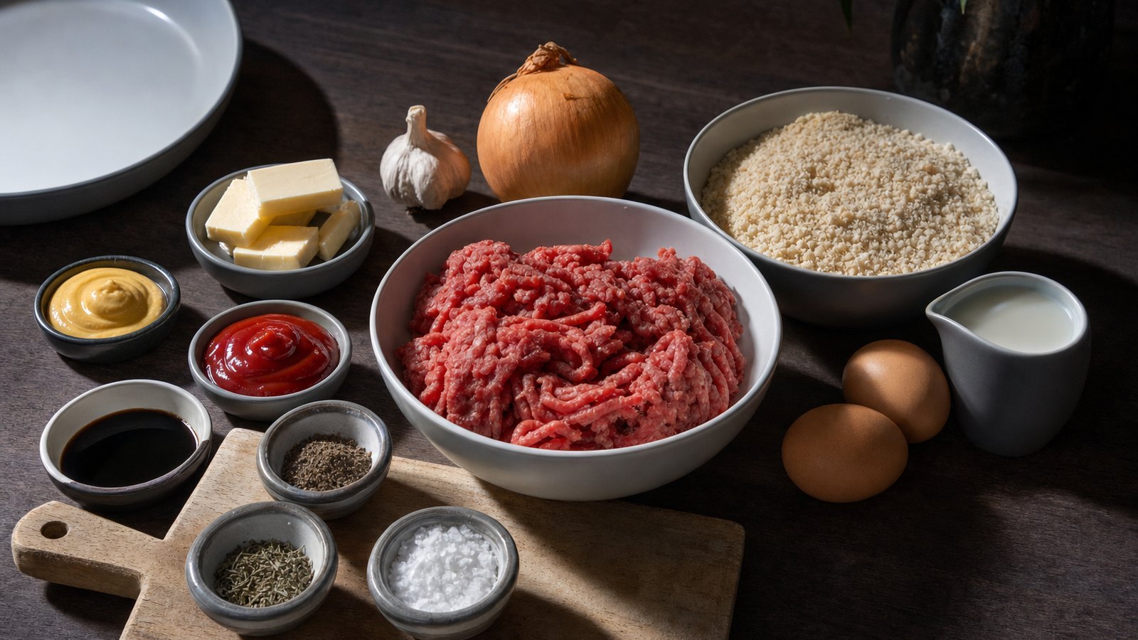 Ingredients for Classic Meatloaf with Brown Sugar Glaze laid out on the table