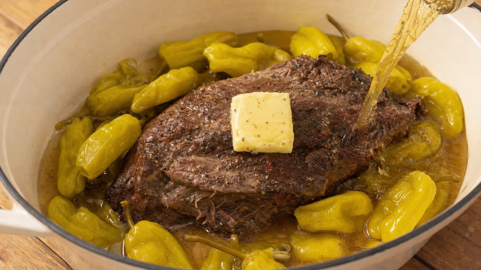 Mississippi Pot Roast: Set the butter on top of the roast. Scatter the pepperoncini around it and pour the brine over the top. Do not
