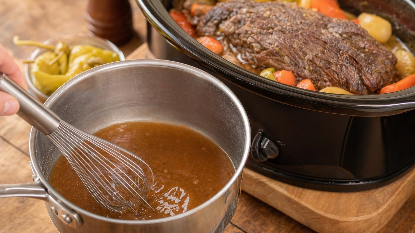 Mississippi Pot Roast: For a thicker gravy, ladle 1 cup of the juices into a small saucepan, whisk in the cornstarch slurry and simme