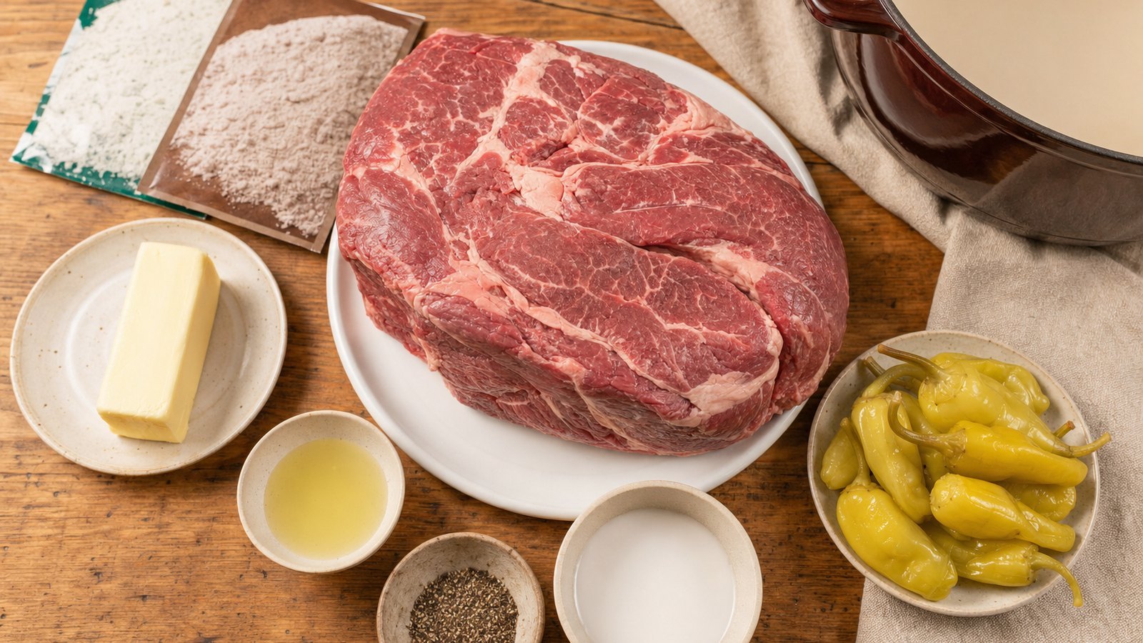 Ingredients for Mississippi Pot Roast laid out on the table