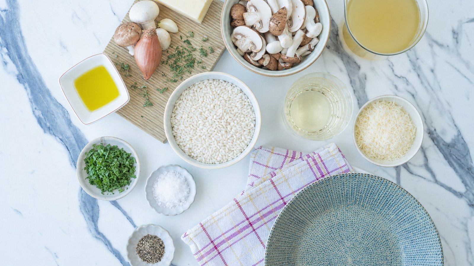 Ingredients for Mushroom Risotto laid out on the table