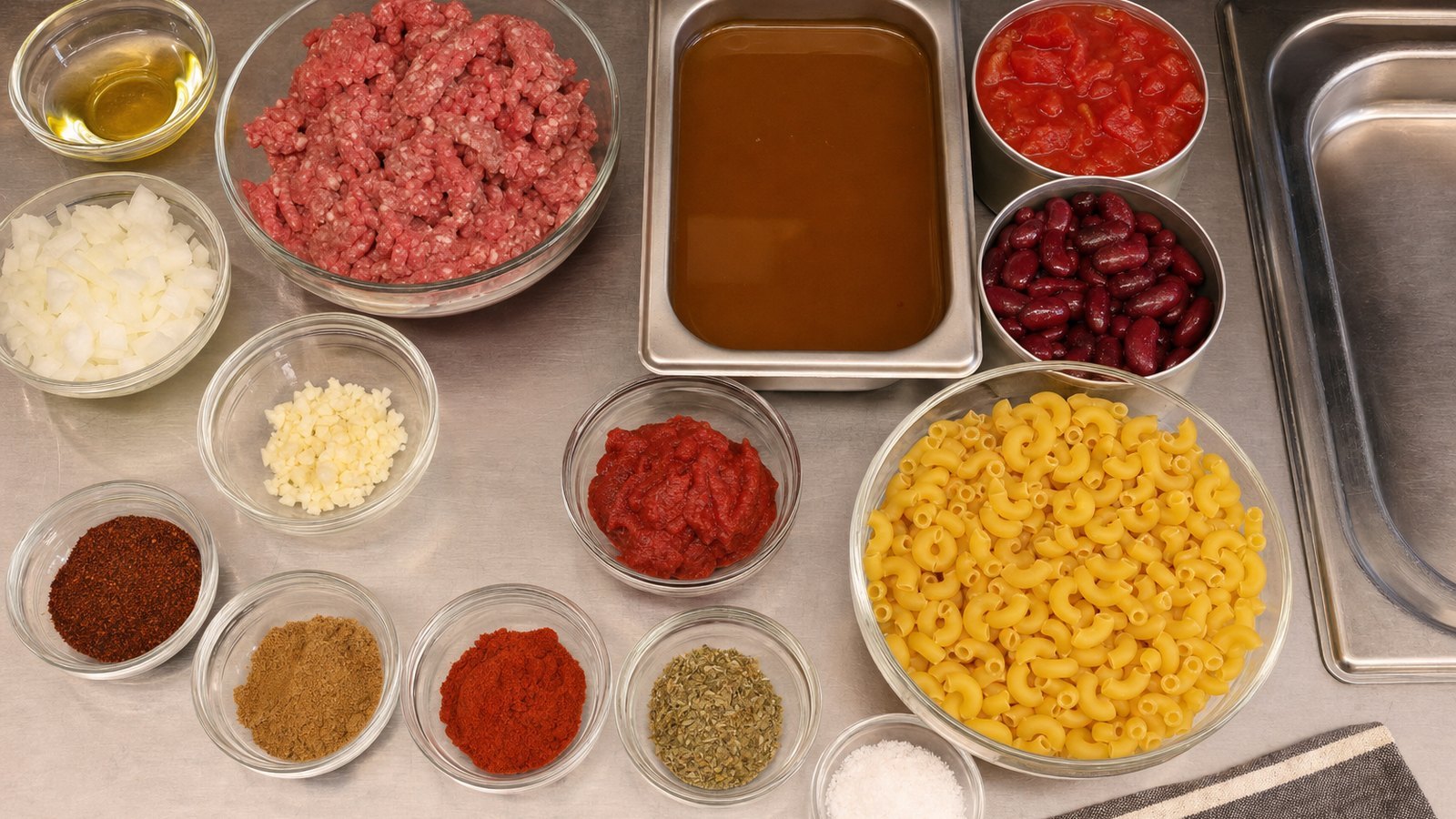 Ingredients for One Pot Chili Mac laid out on the table