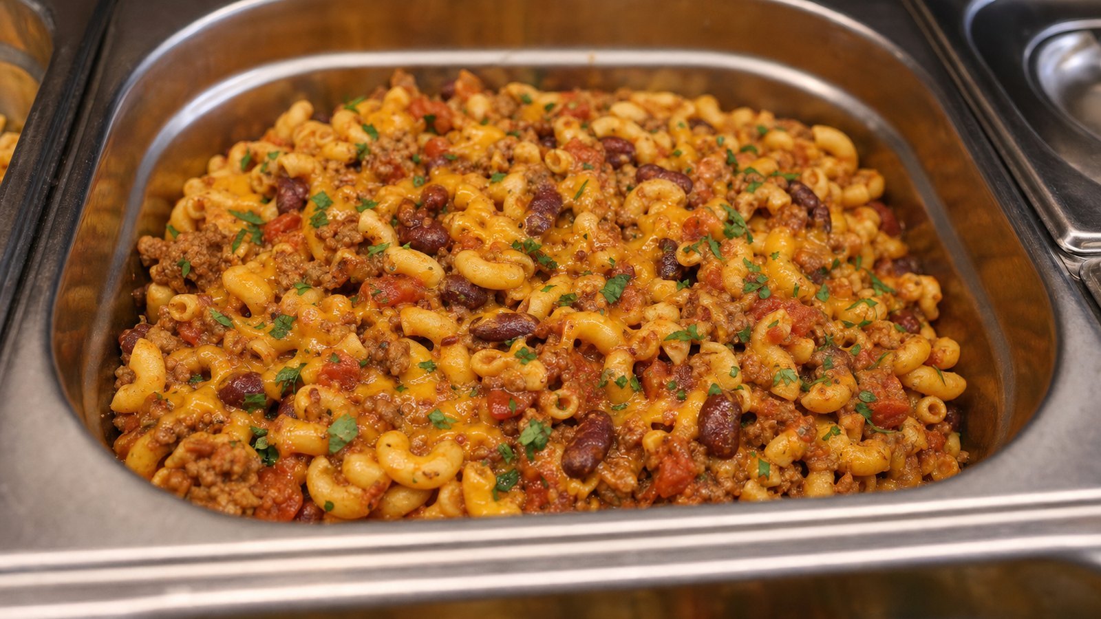 One Pot Chili Mac, plated and ready to serve