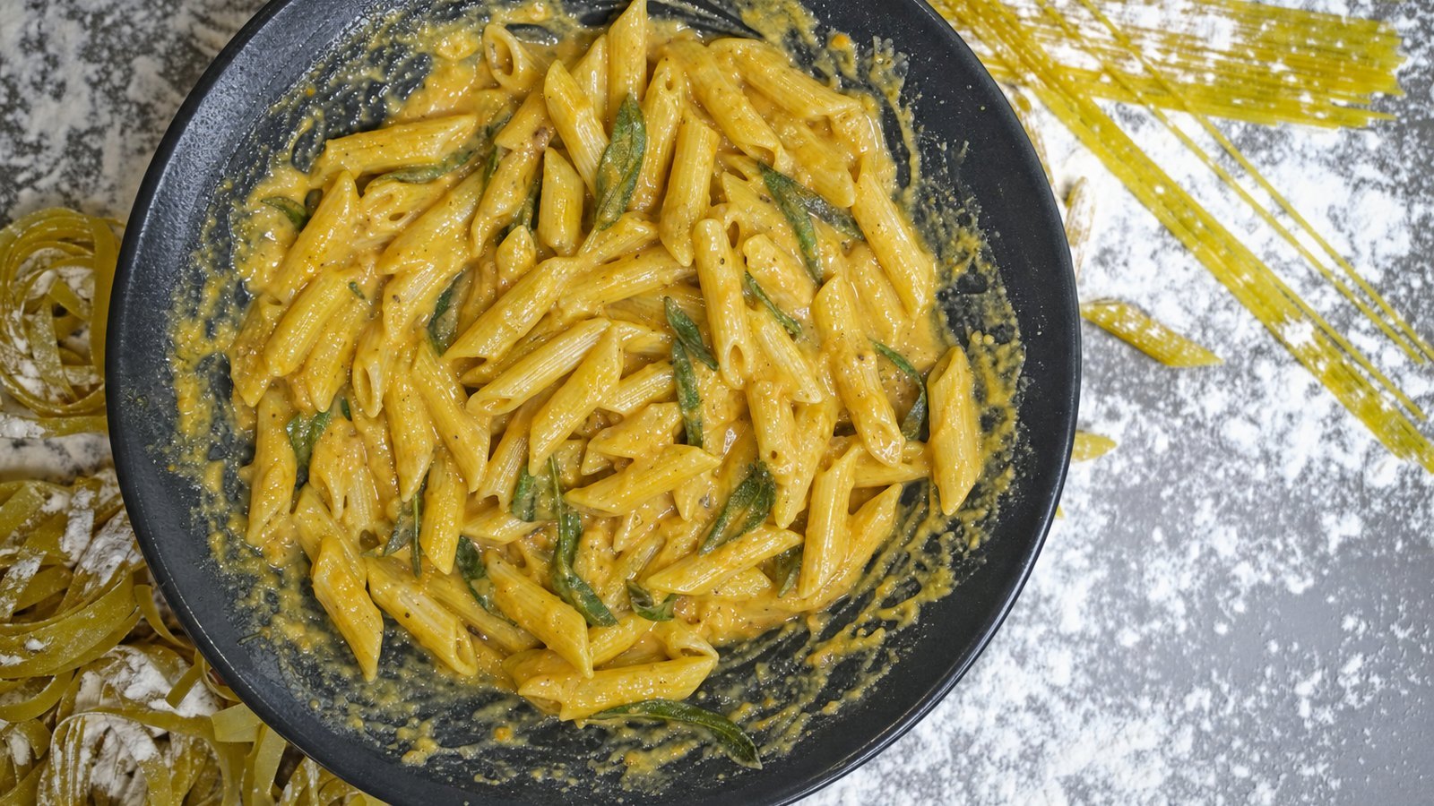 Pumpkin Pasta with Brown Butter and Sage: Add the drained pasta and 1/2 cup pasta water. Toss 1 to 2 minutes until well coated, adding more pasta water