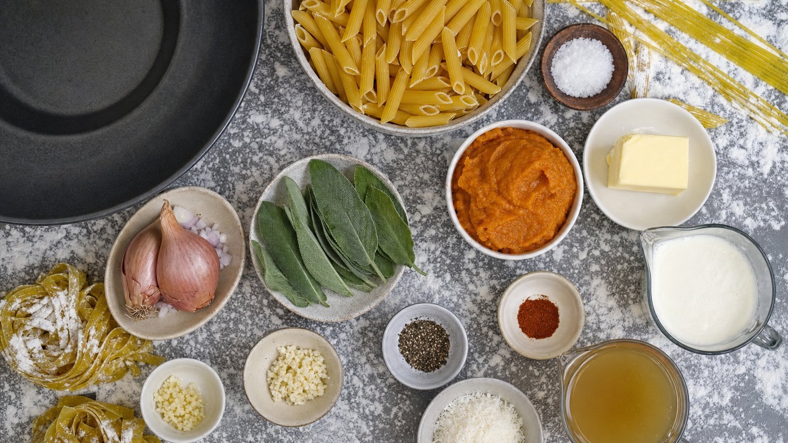 Ingredients for Pumpkin Pasta with Brown Butter and Sage laid out on the table