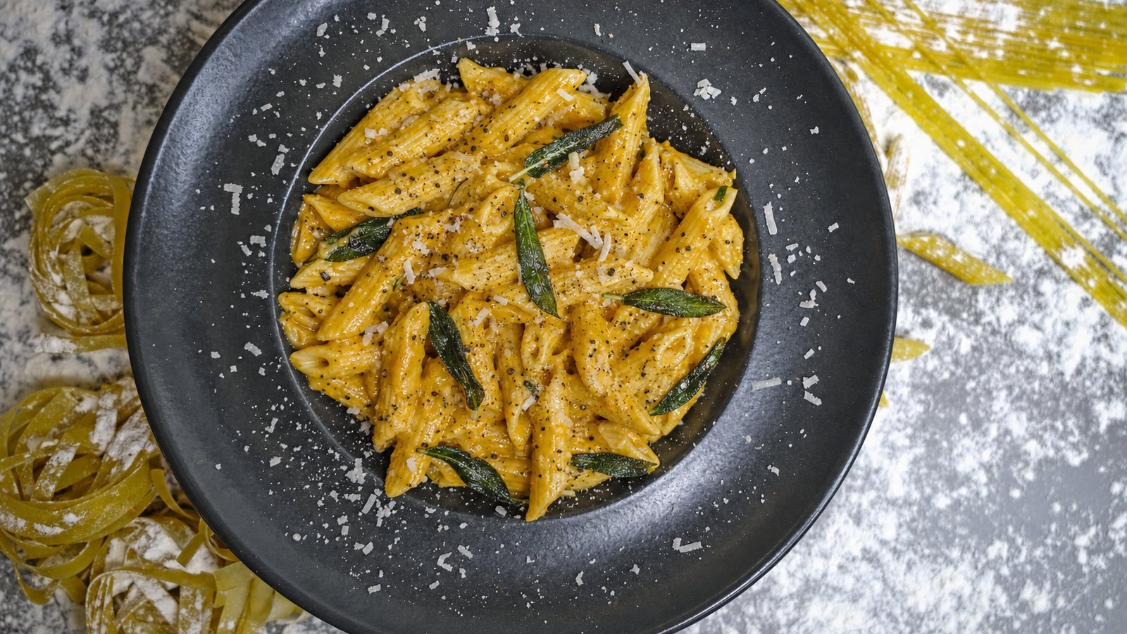 Pumpkin Pasta with Brown Butter and Sage, plated and ready to serve