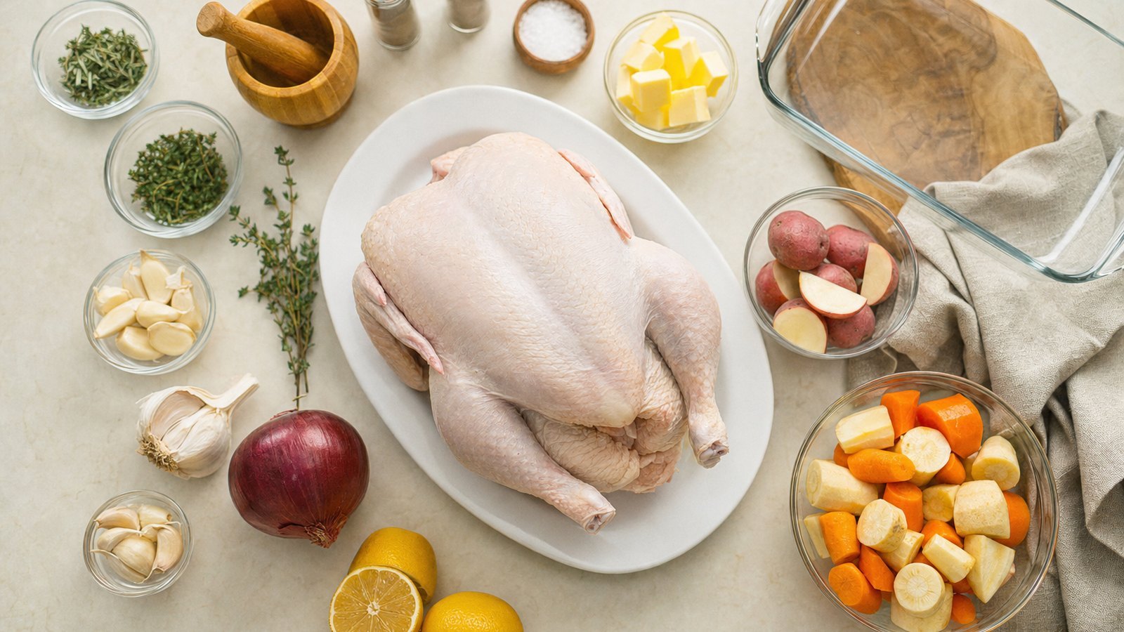 Ingredients for Roast Chicken with Root Vegetables laid out on the table