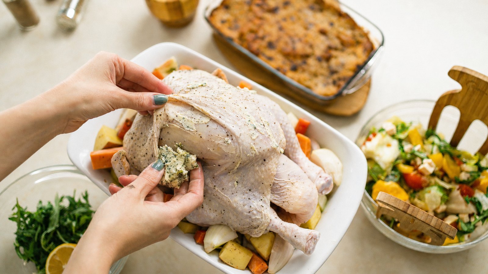 Roast Chicken with Root Vegetables: Loosen the skin over the breast with your fingers and push about a third of the herb butter underneath. Rub th