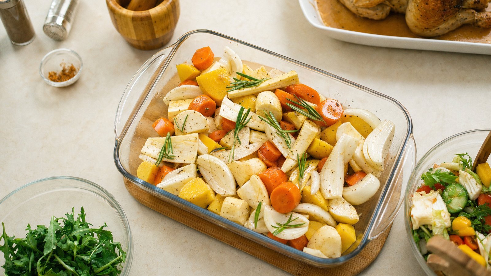 Roast Chicken with Root Vegetables: In a large roasting pan, toss the carrots, parsnips, potatoes and onion with the olive oil, 1 tsp salt, 1/2 ts