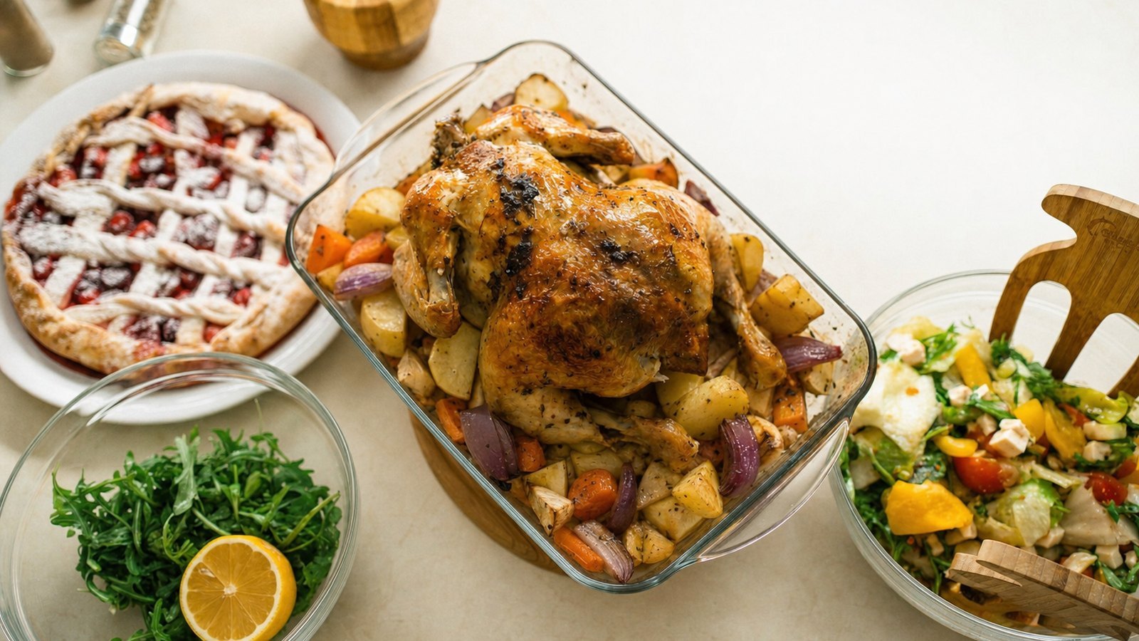 Roast Chicken with Root Vegetables, plated and ready to serve
