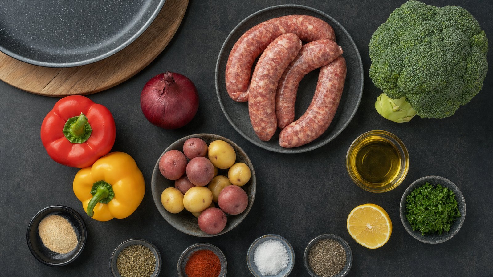 Ingredients for Sheet Pan Sausage and Vegetables laid out on the table