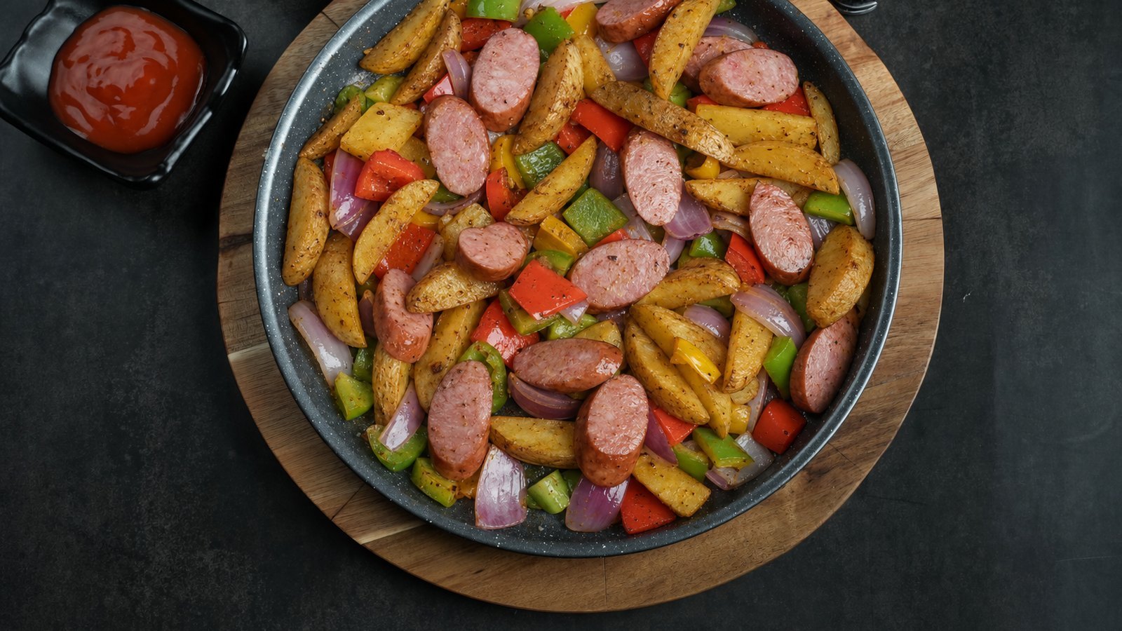 Sheet Pan Sausage and Vegetables: Remove the pan, flip the potatoes and add the sausage and vegetables. Spread everything into a single even lay