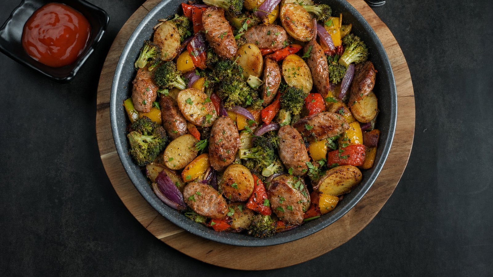 Sheet Pan Sausage and Vegetables, plated and ready to serve