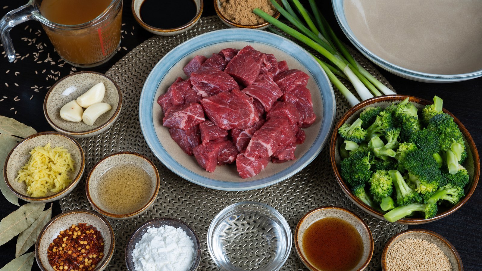 Ingredients for Slow Cooker Beef and Broccoli laid out on the table