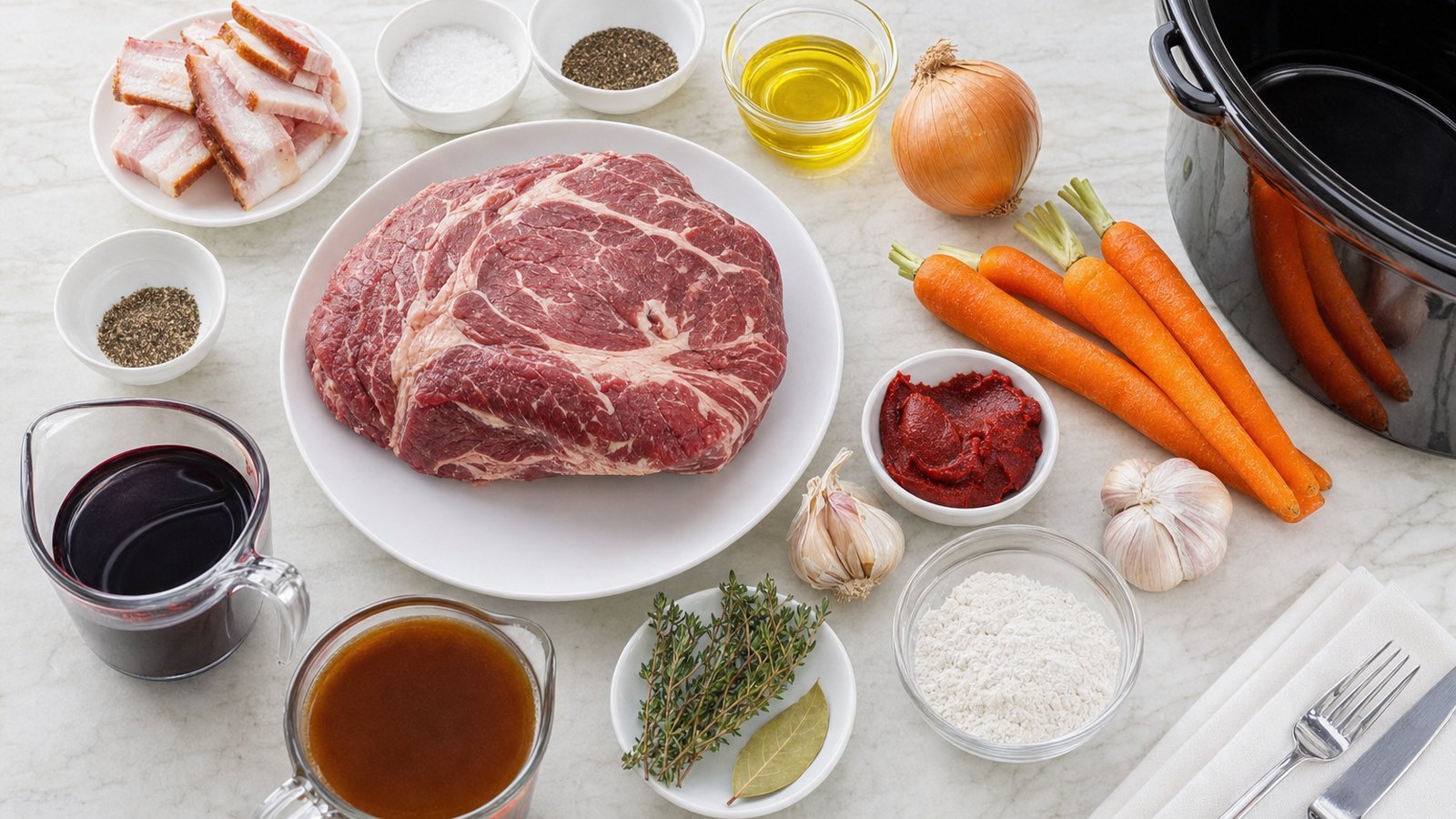 Ingredients for Slow Cooker Beef Bourguignon laid out on the table