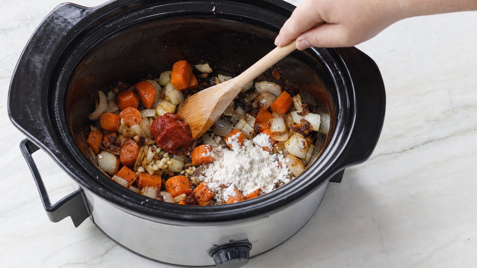 Slow Cooker Beef Bourguignon: Lower the heat to medium. Add the onion and carrots and cook for 5 minutes, scraping up the browned bits. Stir