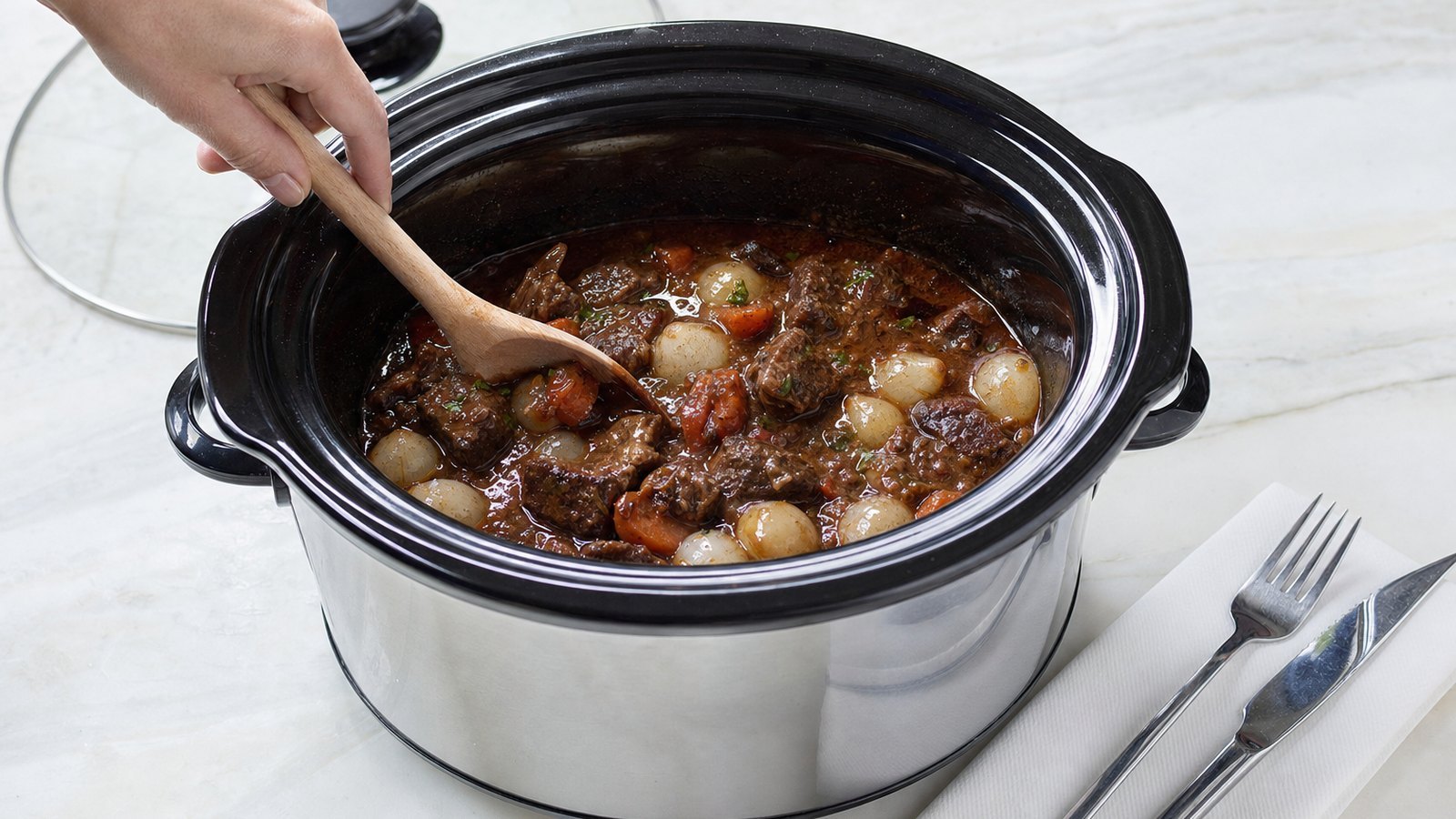 Slow Cooker Beef Bourguignon: One hour before the end, stir in the frozen pearl onions and replace the lid
