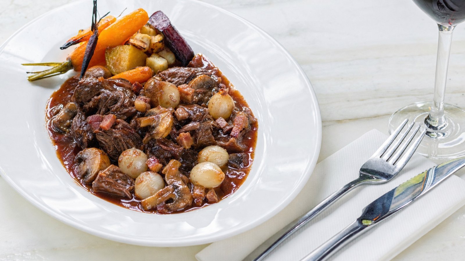Slow Cooker Beef Bourguignon, plated and ready to serve